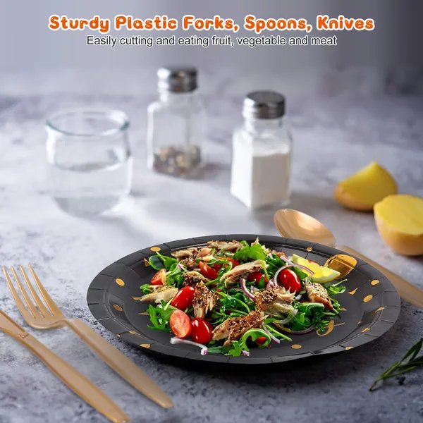 201PCS Black Gold Birthday Party Supplies Disposable Dinnerware Set for 25 Guests Plates Cups Napkins Cutlery Tablecloth