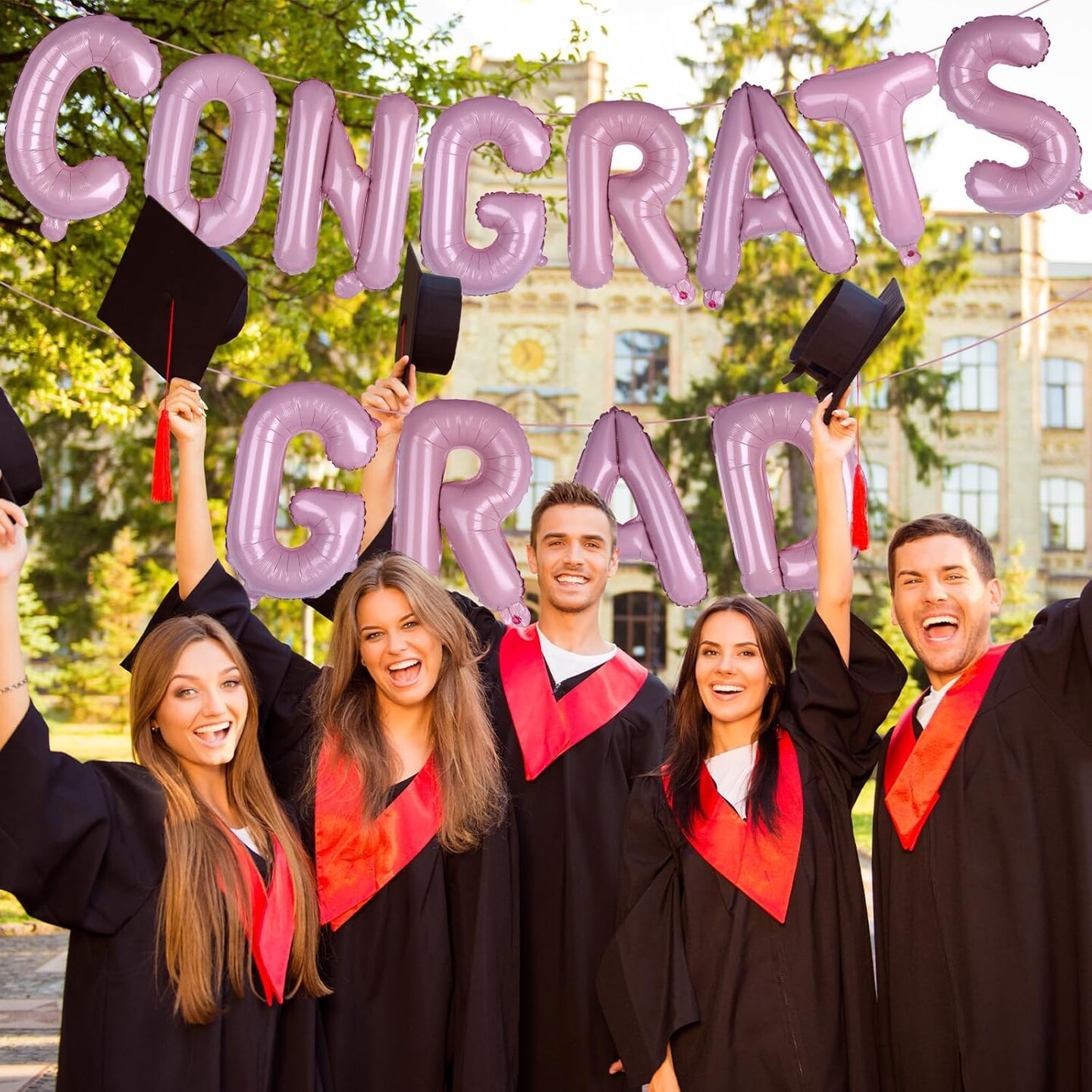 Graduation Party Balloons – 16-Inch Pink “Congrats Grad” Foil Letter Balloon Banner Set for Class of 2026 Graduation Decorations & Photo Backdrops
