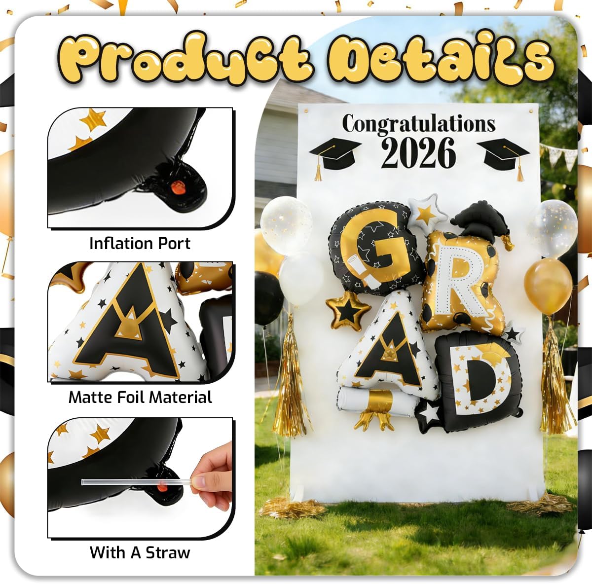 Graduation Party Balloons – 2PCS Giant “GRAD” Foil Letter Balloons Black & Gold Class of 2026 Graduation Decorations for Photo Backdrops & Party Supplies