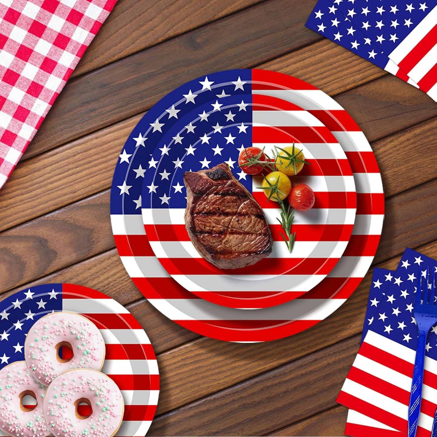 100PCS USA Flag Patriotic Party Supplies Set for 25 Guests – Red, White & Blue Disposable Tableware with Plates, Napkins & Forks (4th of July & Independence Day Decorations)