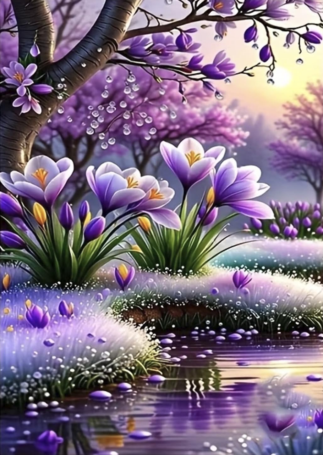 Purple Spring Flower 5D Diamond Art Kit – 12x16” Full Round Drill DIY Landscape Painting – High-Definition Waterproof Gem Art for Adults & Beginners – Shimmering Floral Rhinestone Wall Decor