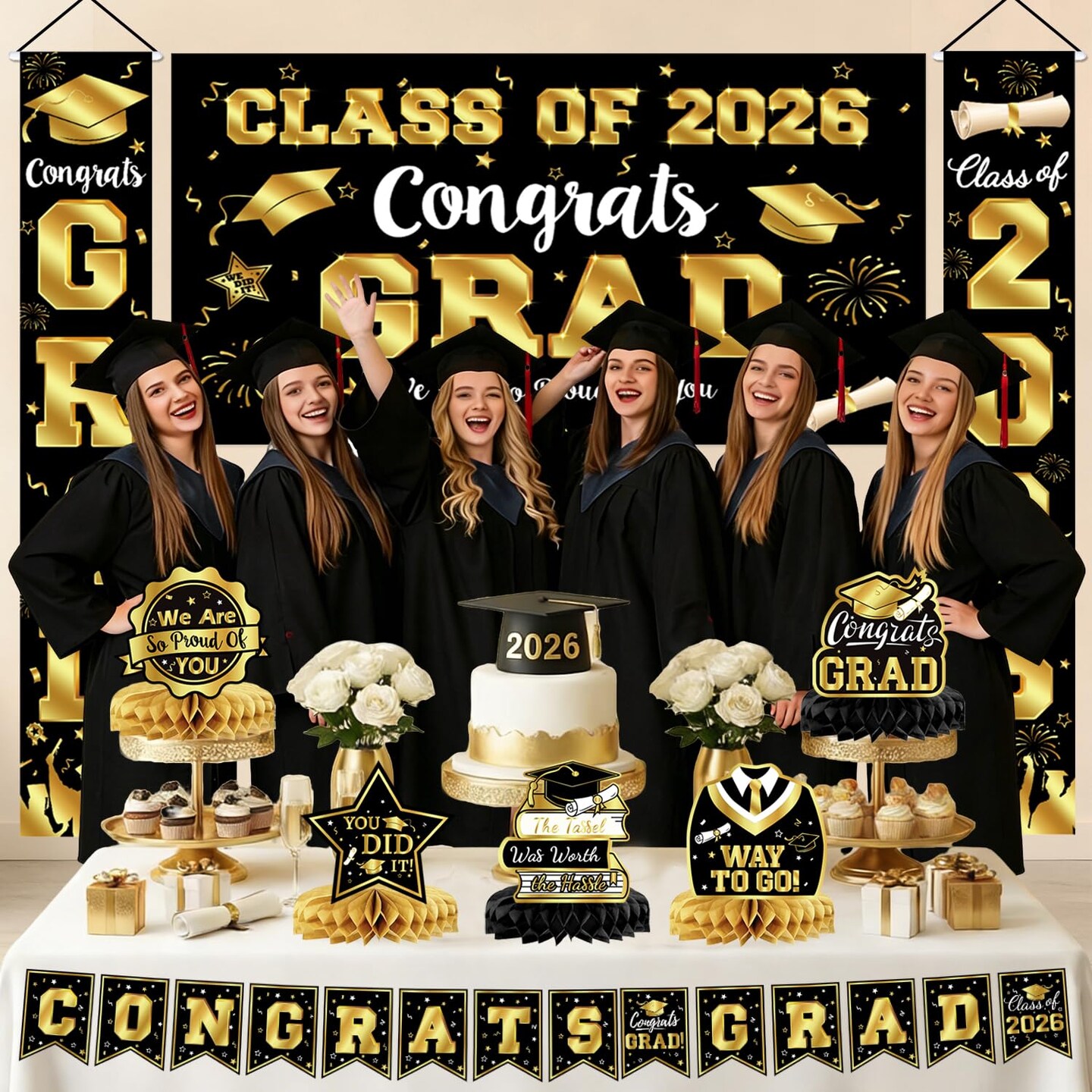 2026 Graduation Decorations - Black and Gold Graduation Decorations Set Congrats Grad Banner & Backdrop, Porch Sign, Hanging Swirls, Balloons, Honeycomb Centerpieces for Congrats Grad Party Decorations