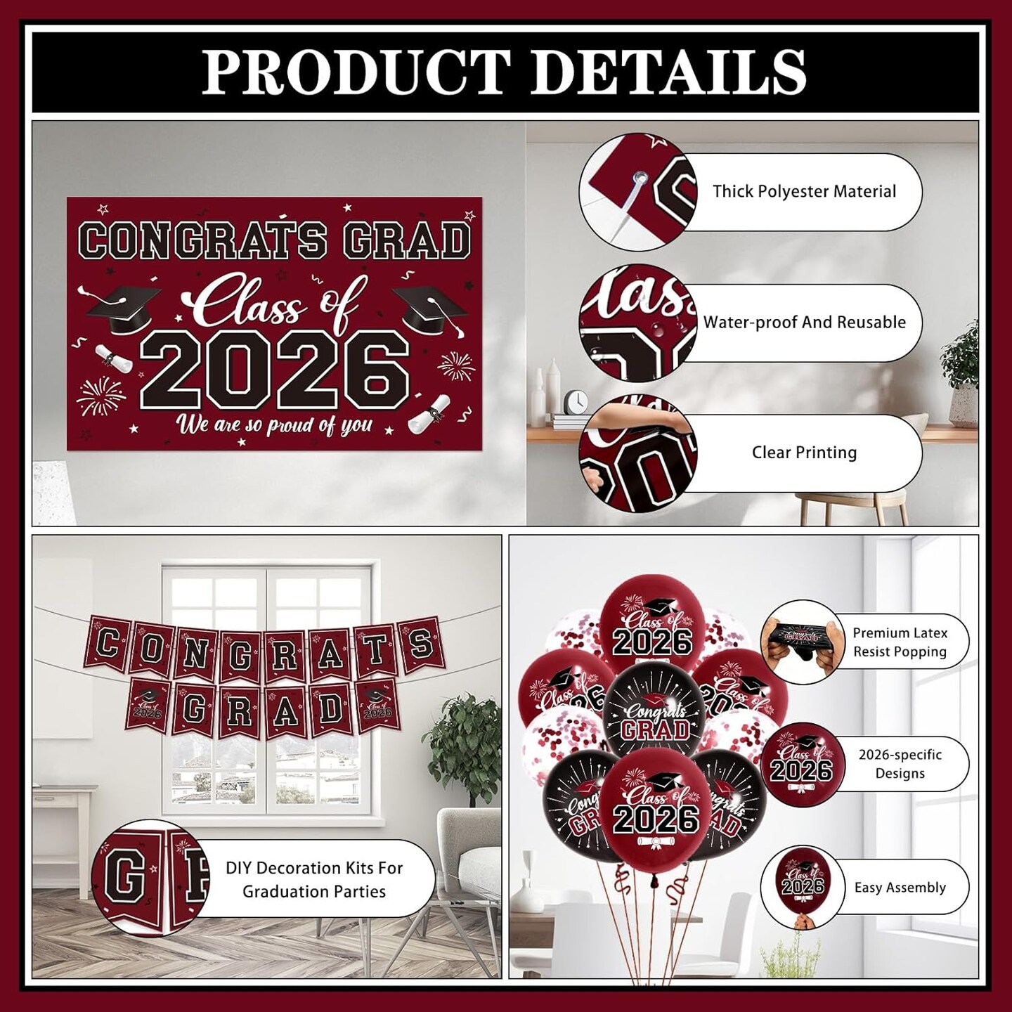 Graduation Party Decorations – Class of 2026 Maroon Complete Decor Set with Banner, Backdrop, Balloons, Streamers & Party Supplies for Graduation Celebrations