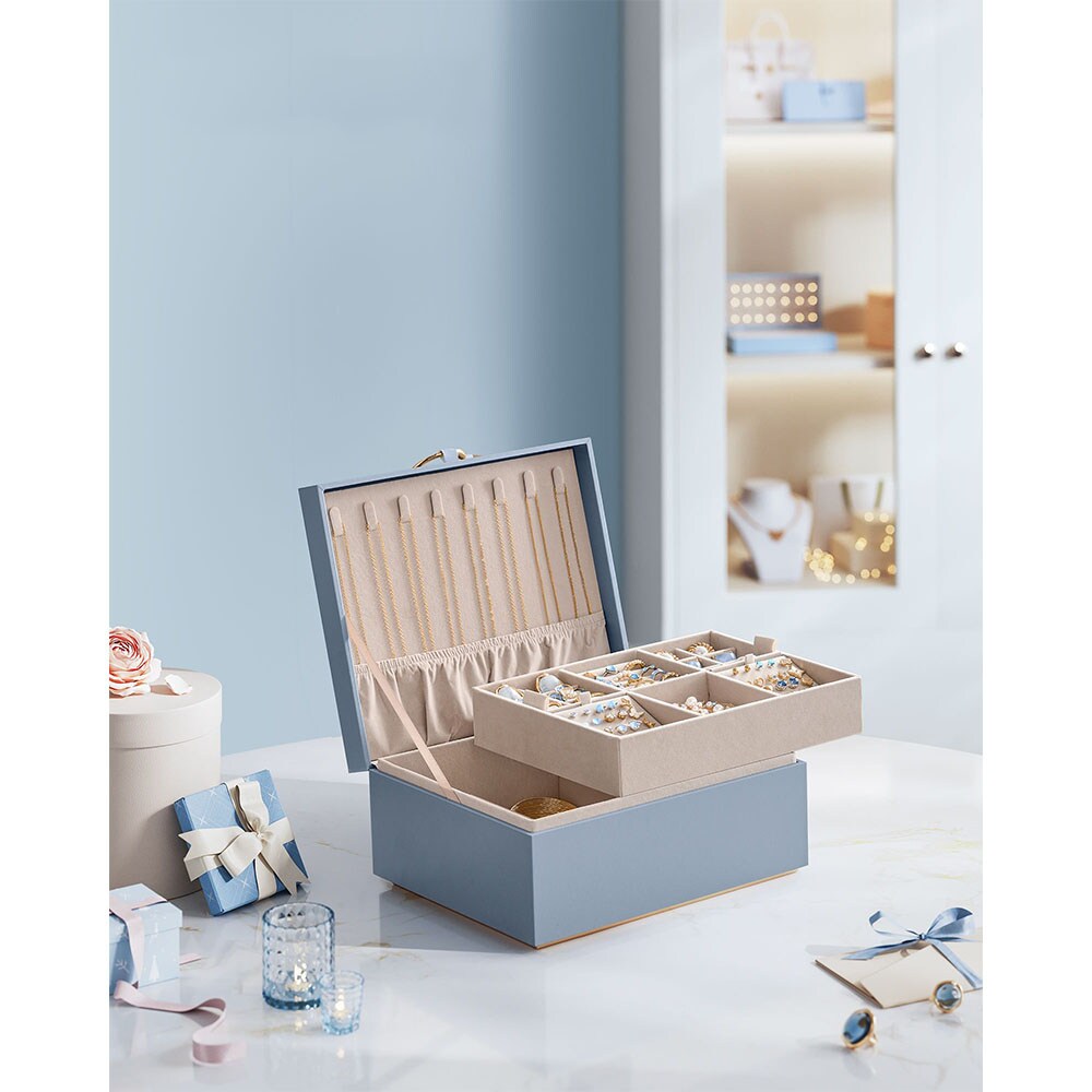Jewelry Storage Box with Lid Hooks Tray Organizer Necklace Ring Earring Case
