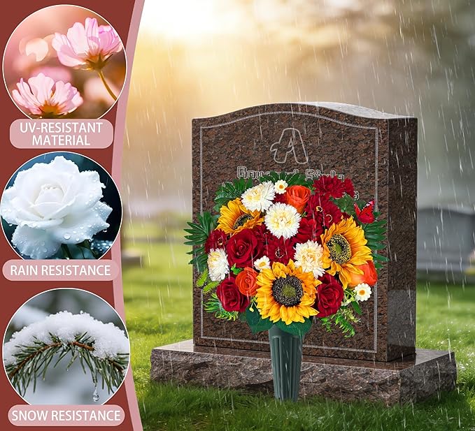 Artificial Cemetery Flowers,Memorial Flowers,Beautiful Arrangements for Headstones,Silk Sunflower Rose Berries Daisy