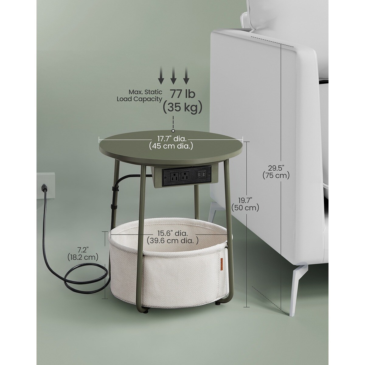 Round Side Table with Charging Station 2 AC Outlets 2 USB Ports Fabric Storage Basket Small End Table Forest Green