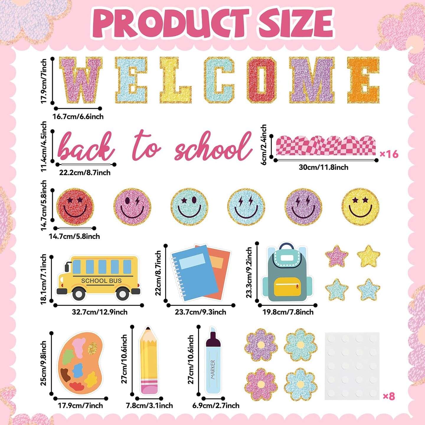 Welcome Back to School Bulletin Board Set - Boho Groovy Classroom Decorations - 46 Pcs Preppy Patch Pencil, Bus & Book Cutouts for First Day of School, Party, Wall & Door Decor