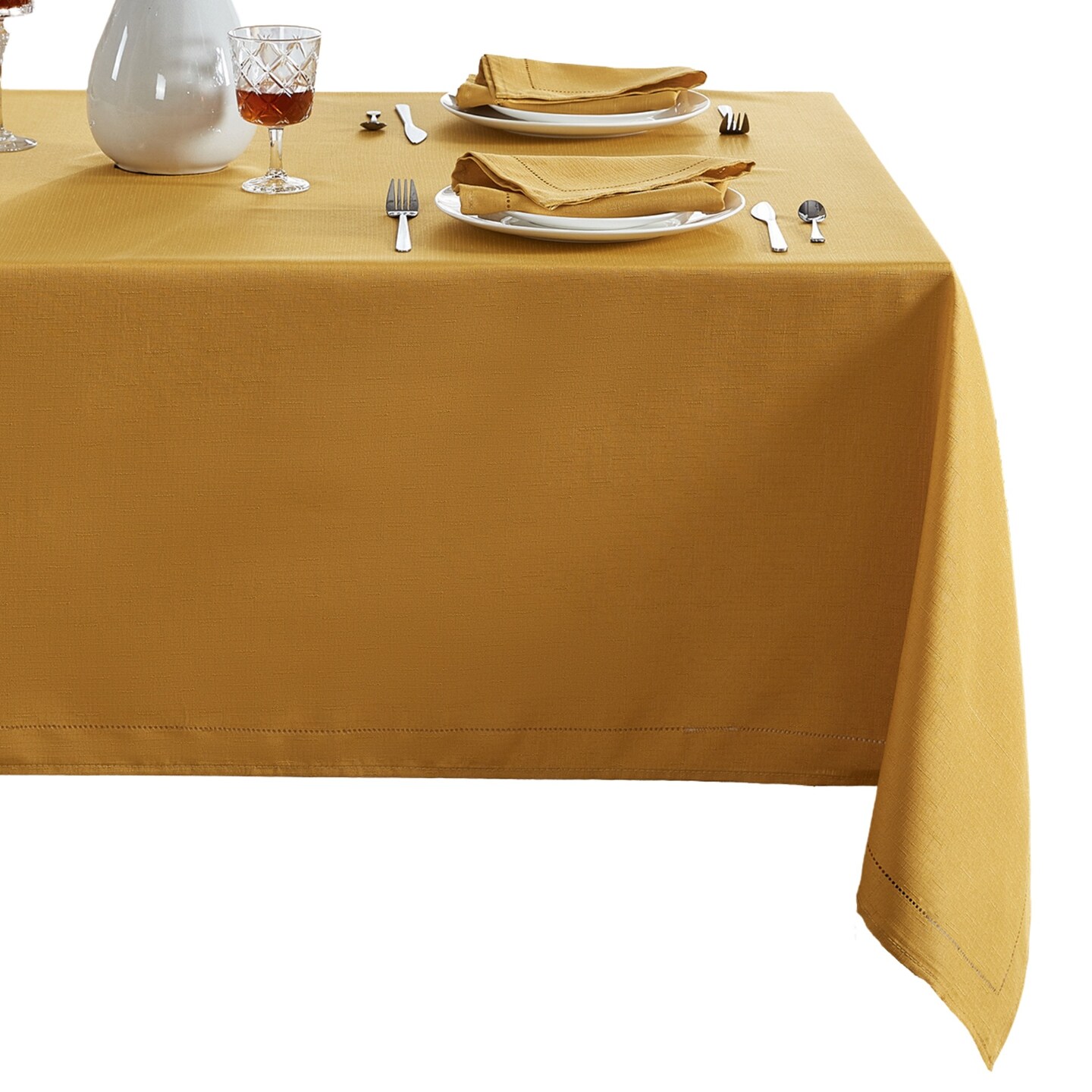 Threadmade Home Alison Eyelet Punched Border Fabric Tablecloth, Golden Yellow - 52"W x 52"L Square