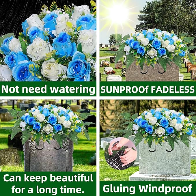 Artificial Cemetery Flower Saddles, Rose Headstone Flower Saddle Outdoor Grave Decorations,Cemetery Memorial Flowers with Vase for Grave Tombstone Decorations (Blue with White, Saddle)
