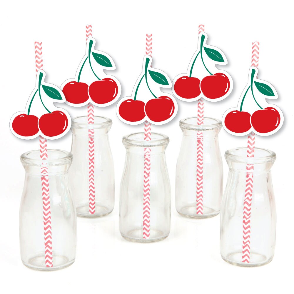 Big Dot of Happiness Cherry On Top Straw Decor, Red Fruit-Themed Party Supplies, Cherry Cutouts and Pink Striped Decorative Paper Straws - 24 Count