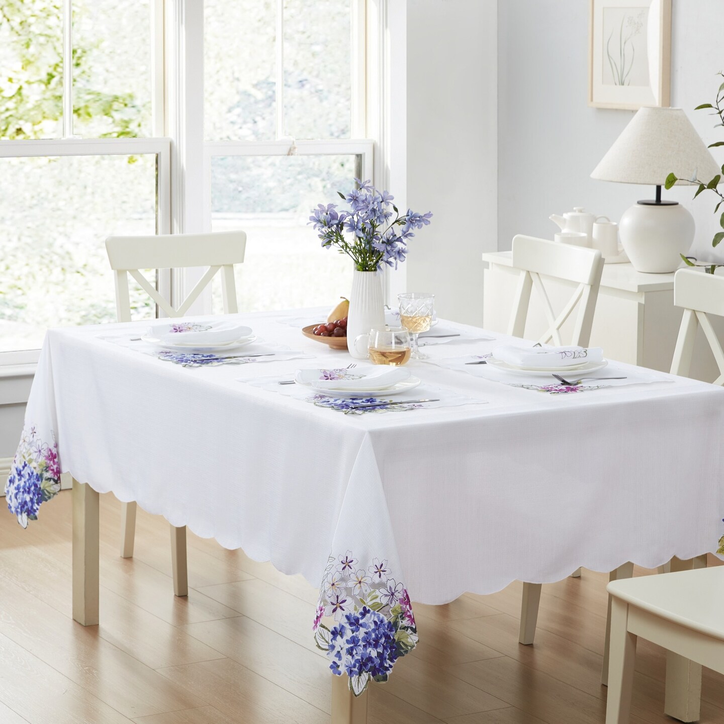 Threadmade Home Spring Hydrangea Cutwork Tablecloth, Multicolor - 60"W x 120"L