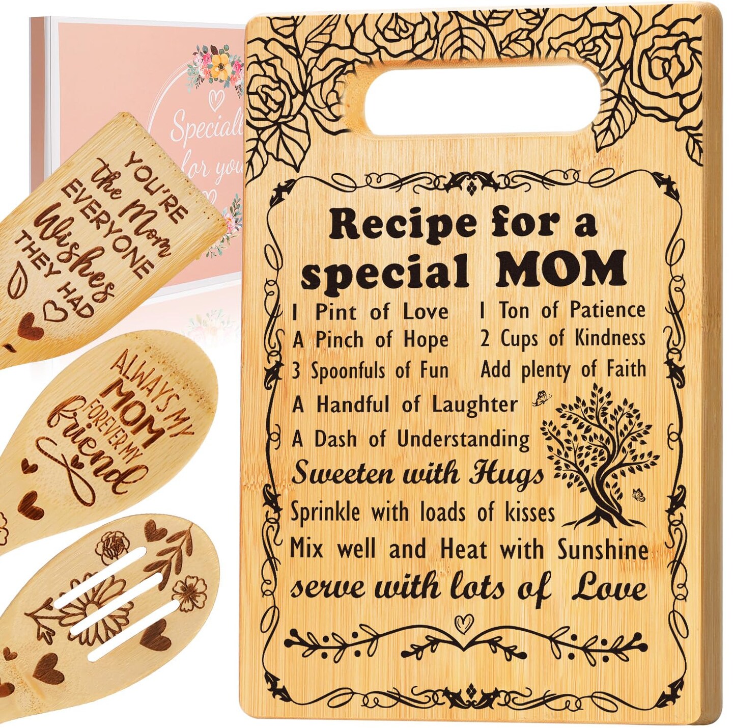 Mothers Day Gifts for Mom,Recipe for a Special Mom- Birthday Mom Gifts from Daughter Son Cutting Board Set, Engraved Utensil Best Mom Ever Gifts Ideas Mom Gifts for Mother New Mom Step Mom