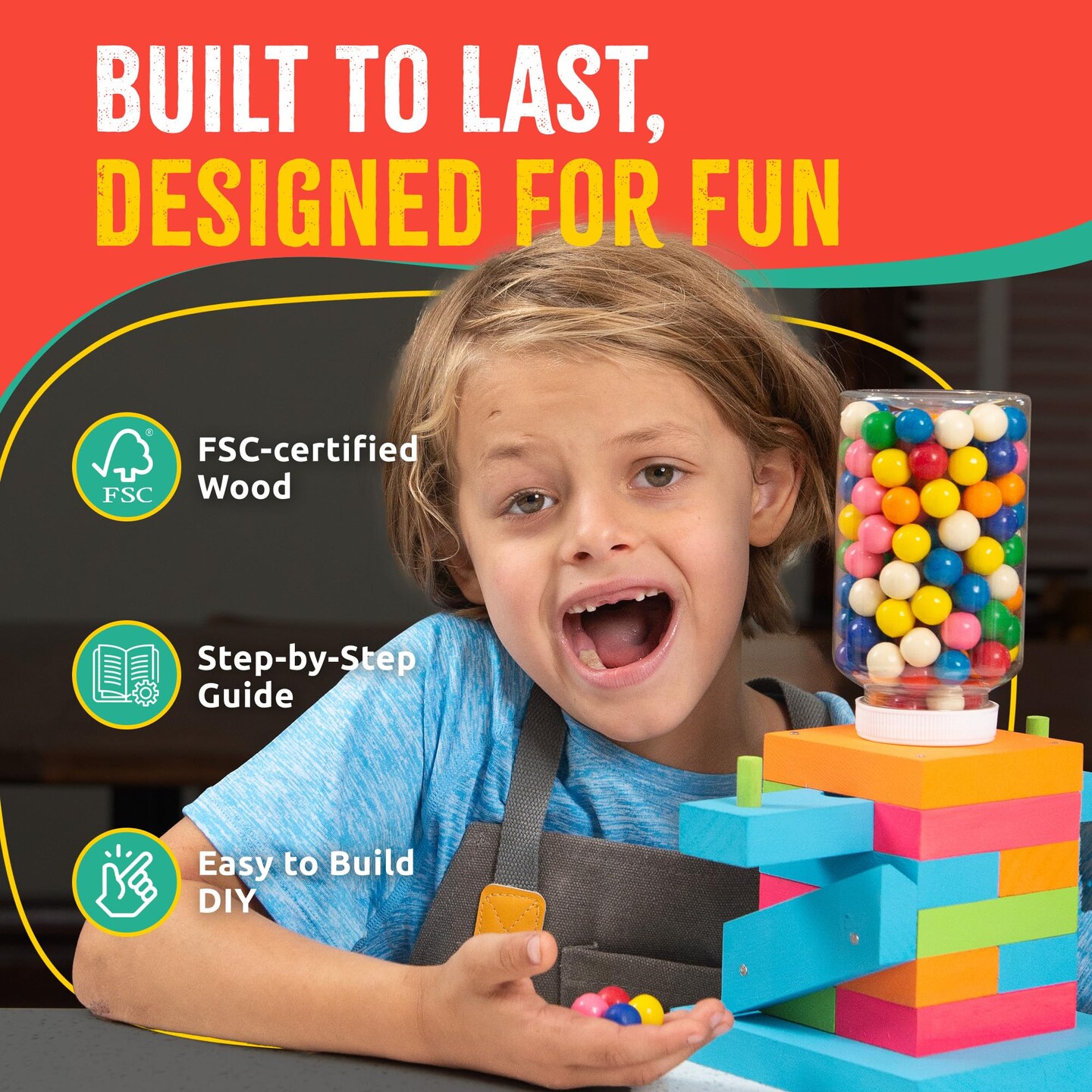 Candy Dispenser Woodworking Kit – Complete STEM Building Kit for Kids with FSC-Certified Wood, Paints & Tools, DIY Gumball Machine Craft for Boys & Girls, Ages 6+