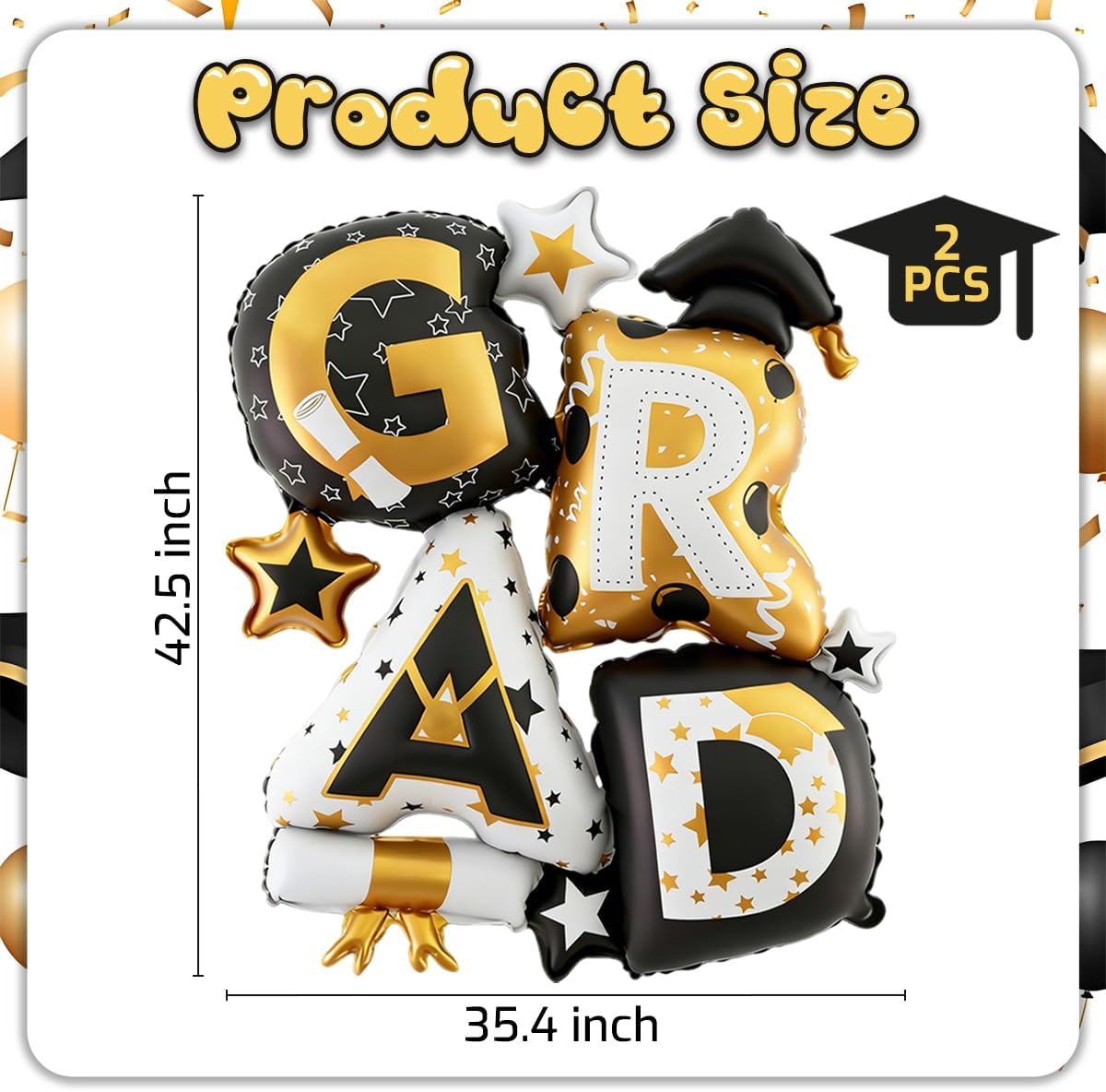 Graduation Party Balloons – 2PCS Giant “GRAD” Foil Letter Balloons Black & Gold Class of 2026 Graduation Decorations for Photo Backdrops & Party Supplies
