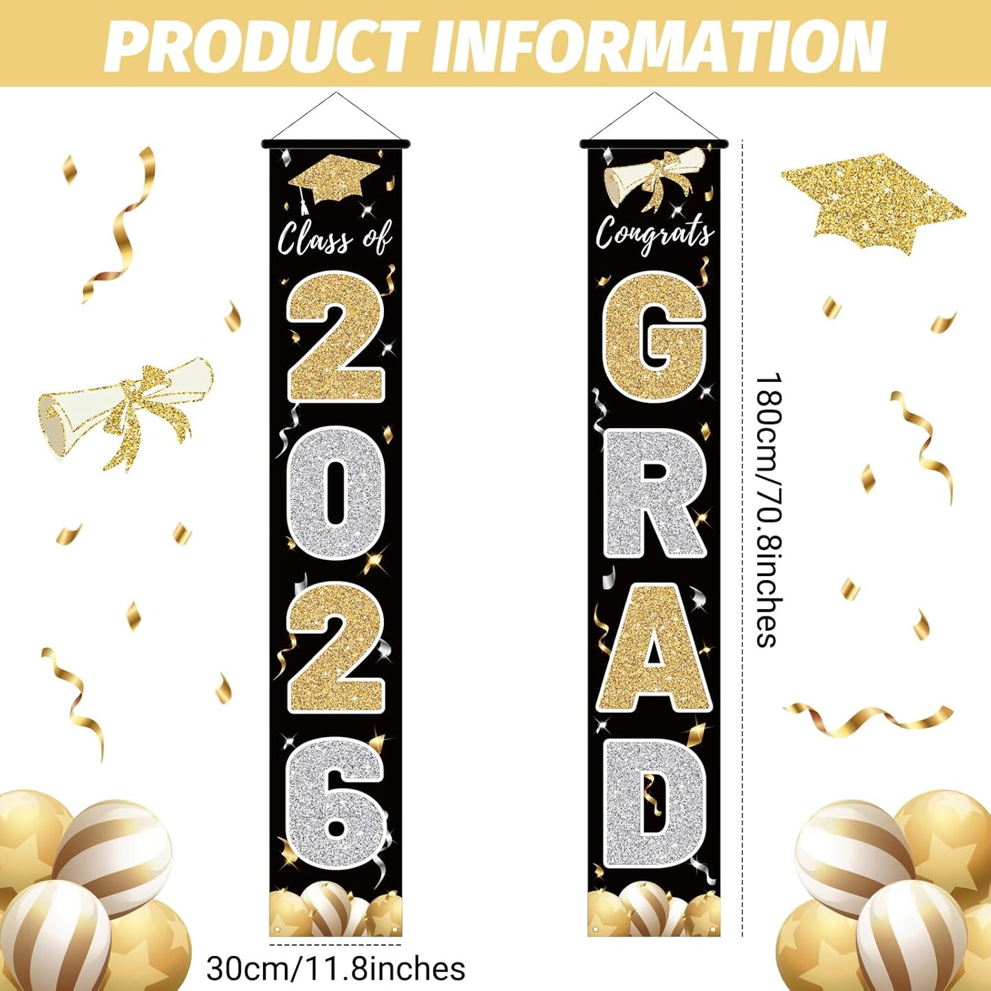 Graduation Party Decoration – Black Class of 2026 Congrats Grad Porch Banner, 72×12 Inch Indoor & Outdoor Graduation Door Sign for Elegant Party Decor