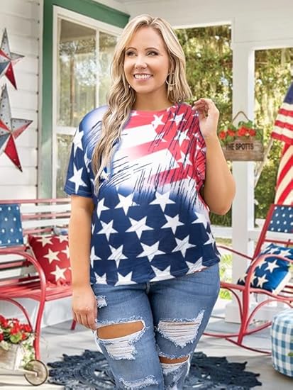 Plus Size American Flag Shirt Women 4th of July Tee Shirt USA Stars Stripes T-Shirt Patriotic Summer Tunic Tops