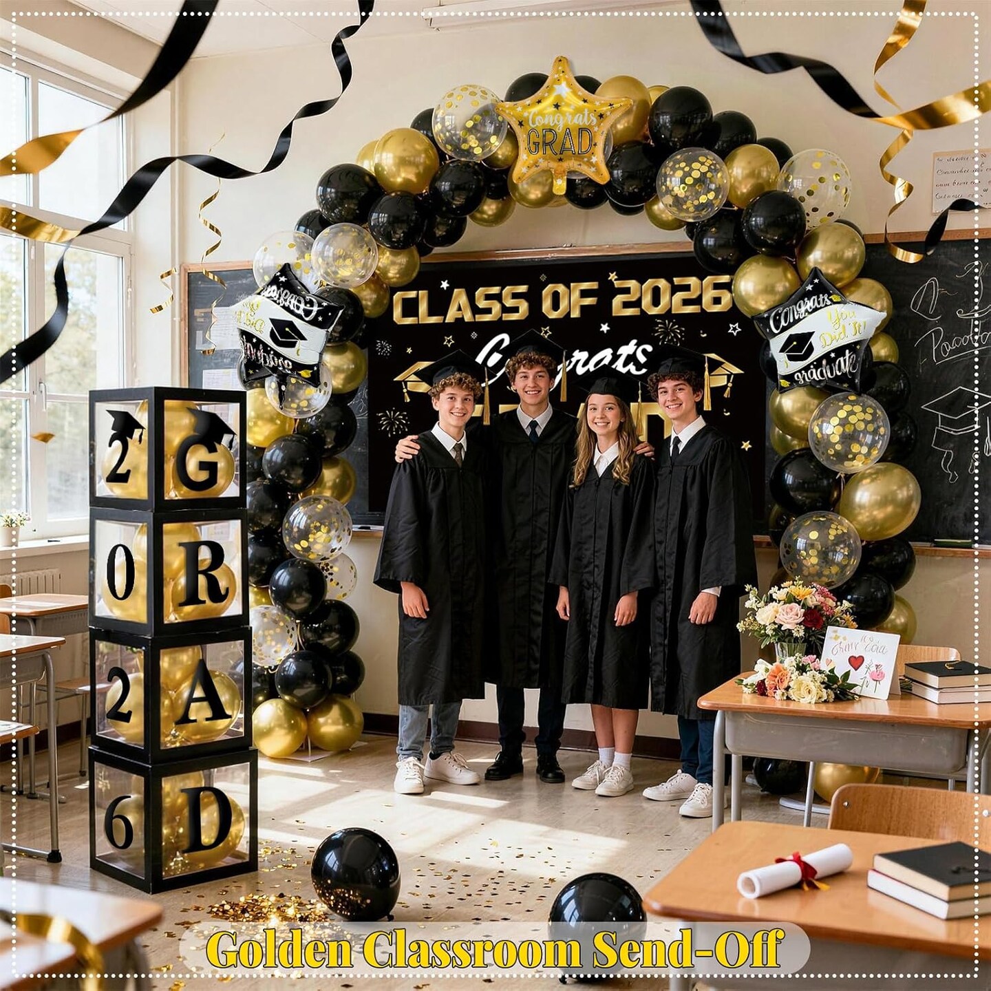 Graduation Party Balloons 2026 – 138PCS Black & Gold Graduation Decorations Set with Backdrop, Balloon Arch Kit & 2026 Grad Boxes