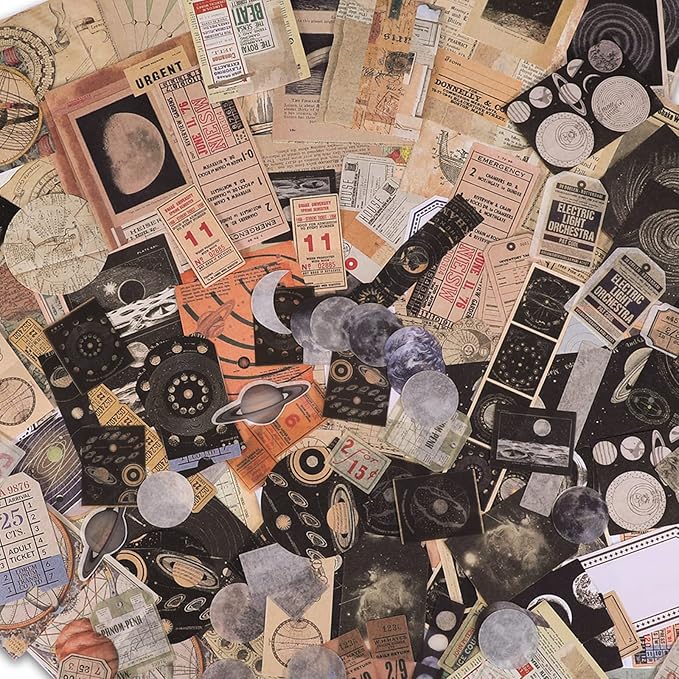 200pc Celestial Scrapbook & Junk Journal Supplies Kit - Vintage Washi Stickers & Matte Decoupage Paper Pack - Astrological, Moon & Galaxy Ephemera for Art Journaling, Bullet Planners & DIY Collage