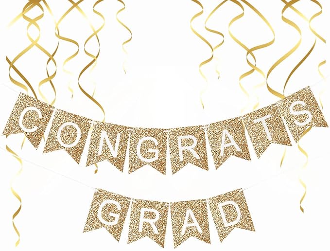 Class of 2026 Congrats Grad Banner - 2-Piece Gold Glitter Graduation Garland Set - Elegant Pre-Strung Sign for High School, College, and University Graduation Party Backdrop Decorations