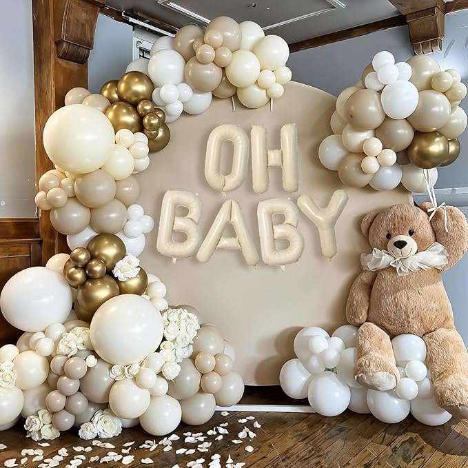 White Sand and Gold Balloon Garland Arch Kit - Oh Baby Foil Balloon Banner & Boho Neutral Decorations for Baby Shower, Gender Reveal, & Birthday Party