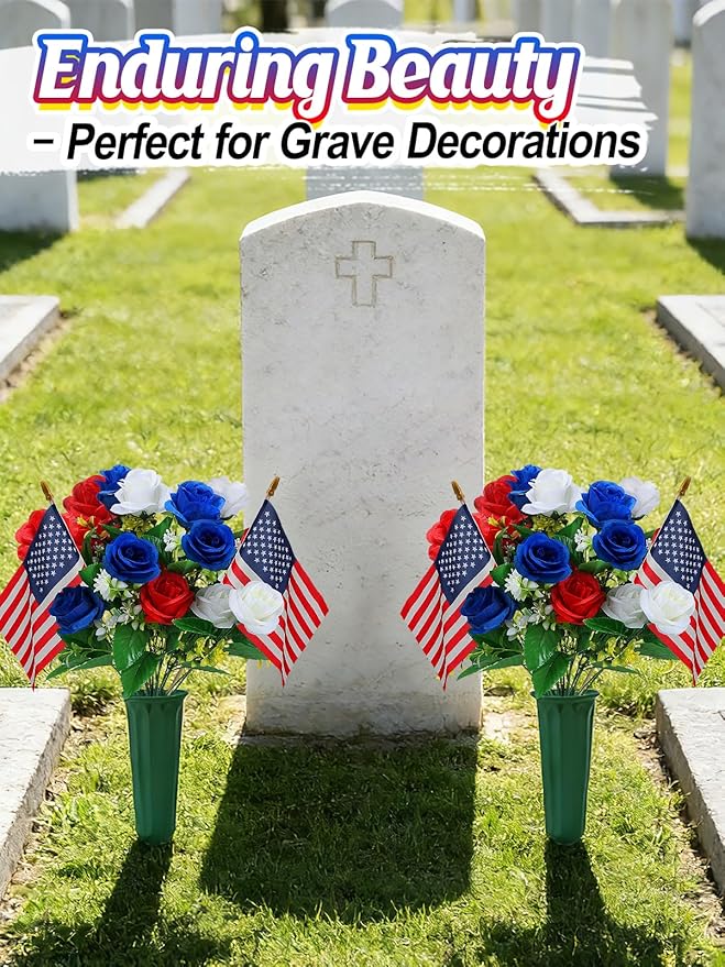 Memorial Day Cemetery Flowers for Grave - Weatherproof Red White Blue Bouquet with American Flags & Vase, Grave Decorations for Veterans Cemetery Headstones (2 Pack)