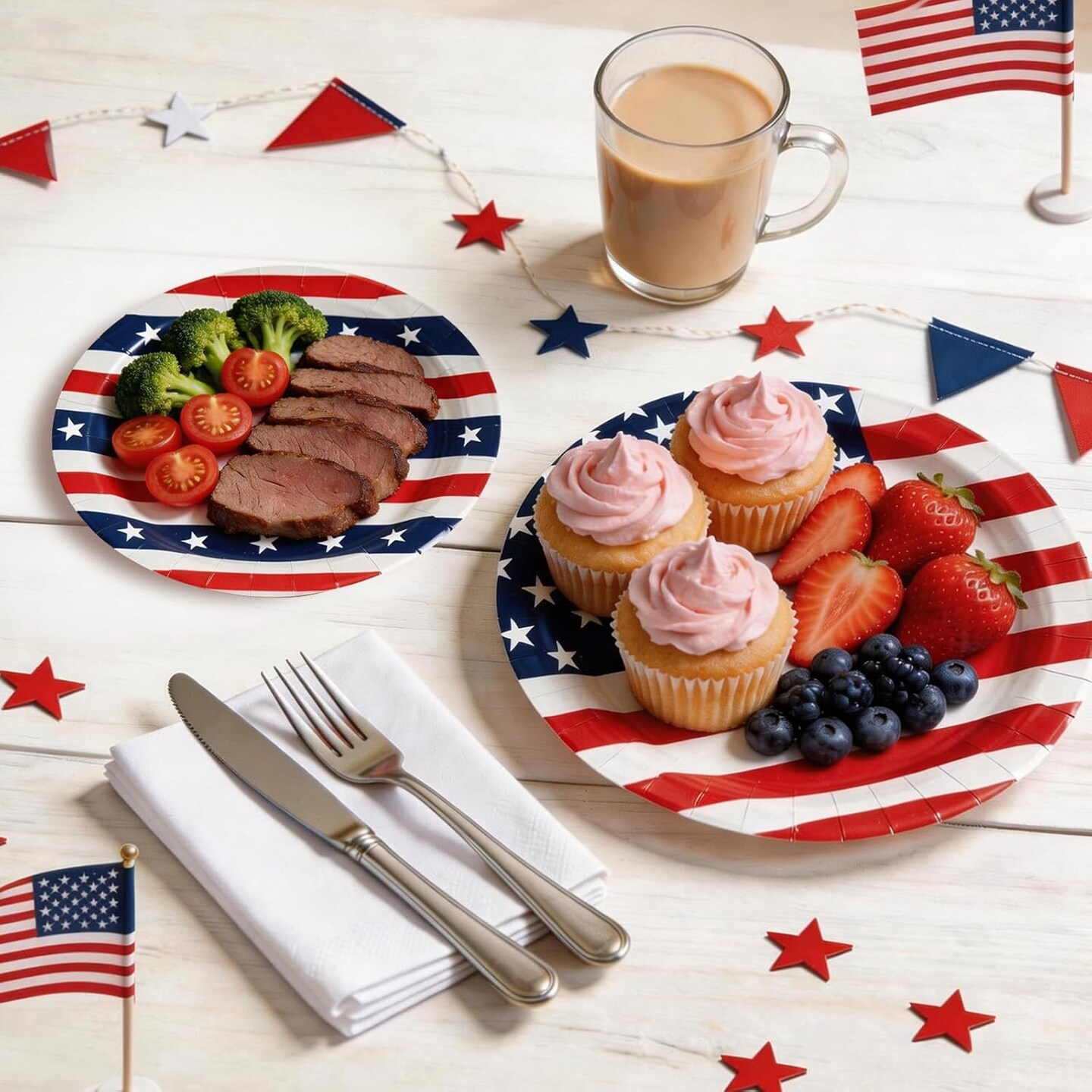 50PCS American Flag Patriotic Party Tableware Set for 25 Guests – Red, White & Blue Disposable 7" & 9" Plates for 4th of July, Independence Day, Veterans Day & Election Day Decorations