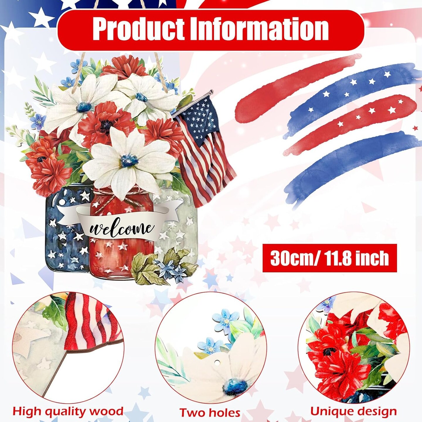 4th of July Welcome Sign – Patriotic Wooden Front Door Decoration for Independence Day & Memorial Day, Red White Blue Flag Farmhouse Hanging Wall Decor