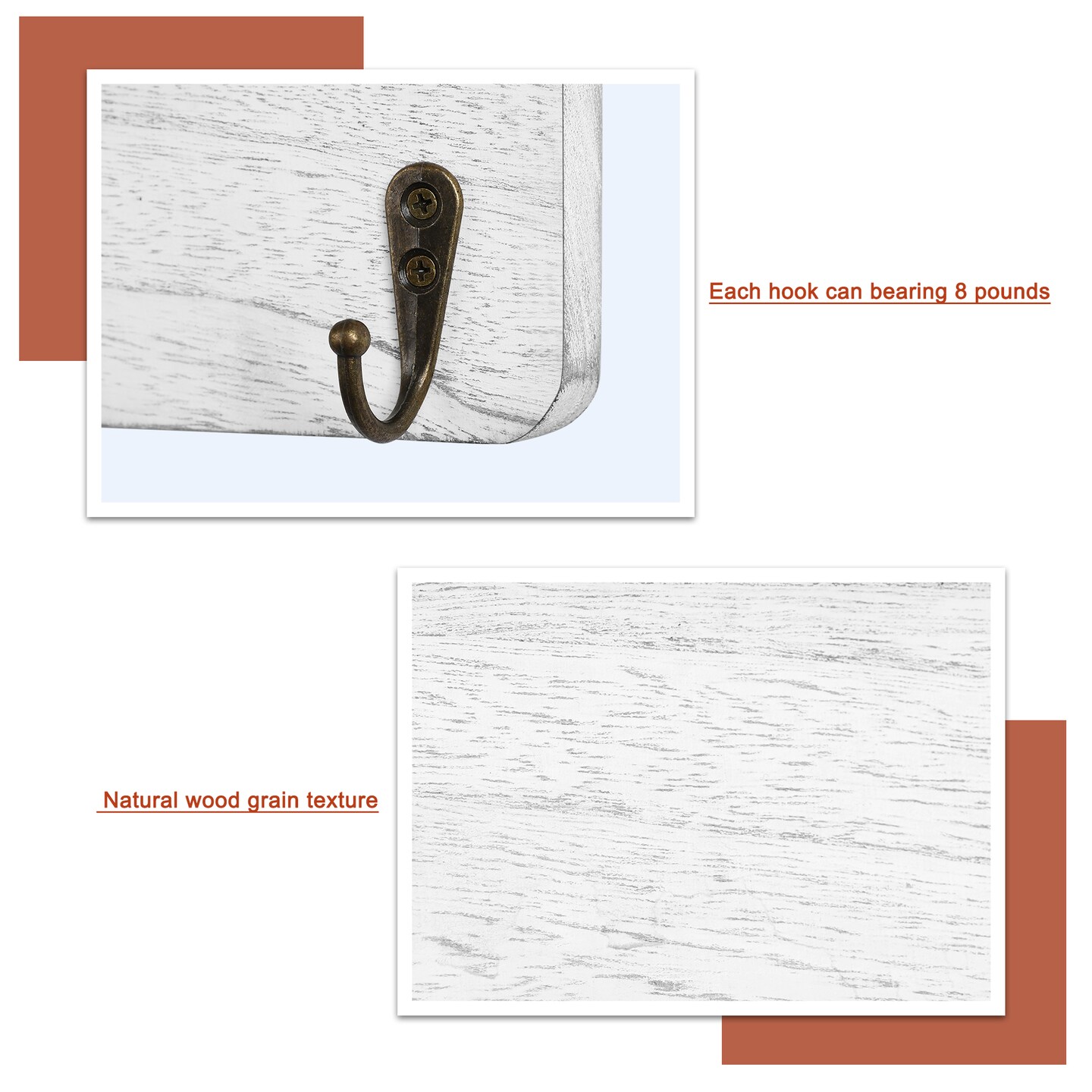 Set of 2 Whitewashed Wood Wall Shelves with 4 Hooks, Rustic Entryway Organizer