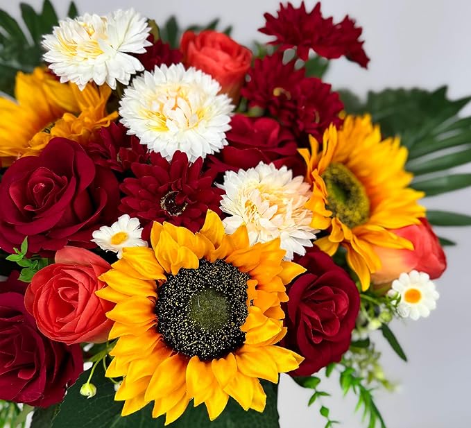 Artificial Cemetery Flowers,Memorial Flowers,Beautiful Arrangements for Headstones,Silk Sunflower Rose Berries Daisy
