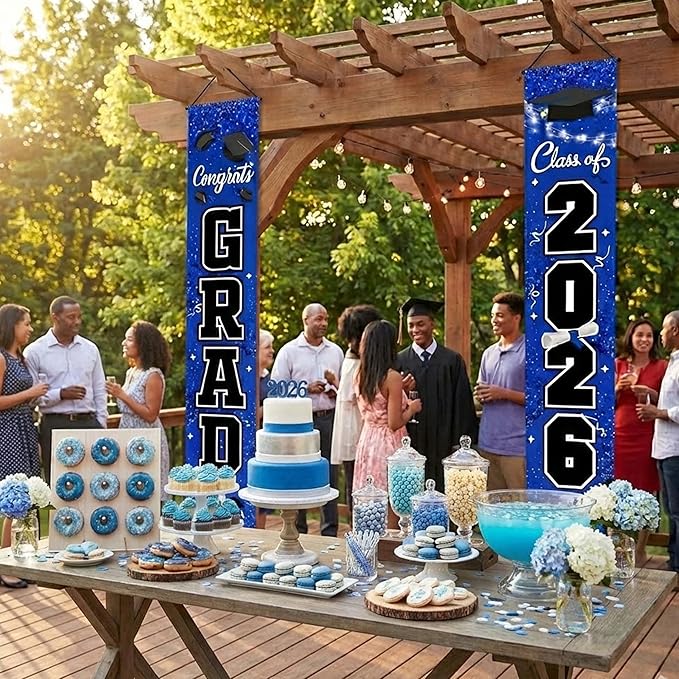 Class of 2026 Graduation Decorations Set - Blue & Gold Congrats Grad Porch Banners - Includes Large Fabric Backdrop & Yard Sign Decor - Premium Party Supplies for High School & College