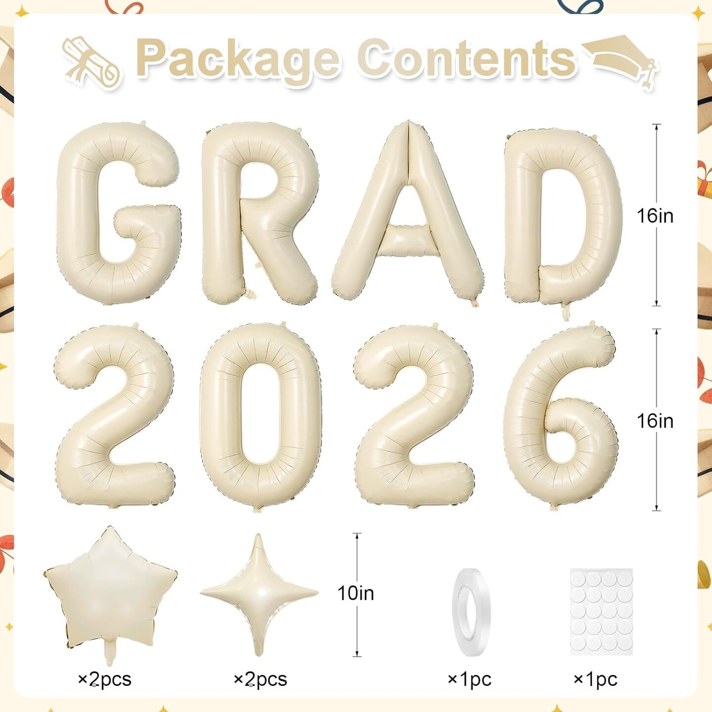 Graduation Party Balloons – 12-Piece White Sand “GRAD 2026” Foil Balloon Set with Star Accents for Class of 2026 Graduation Decorations & Photo Backdrop