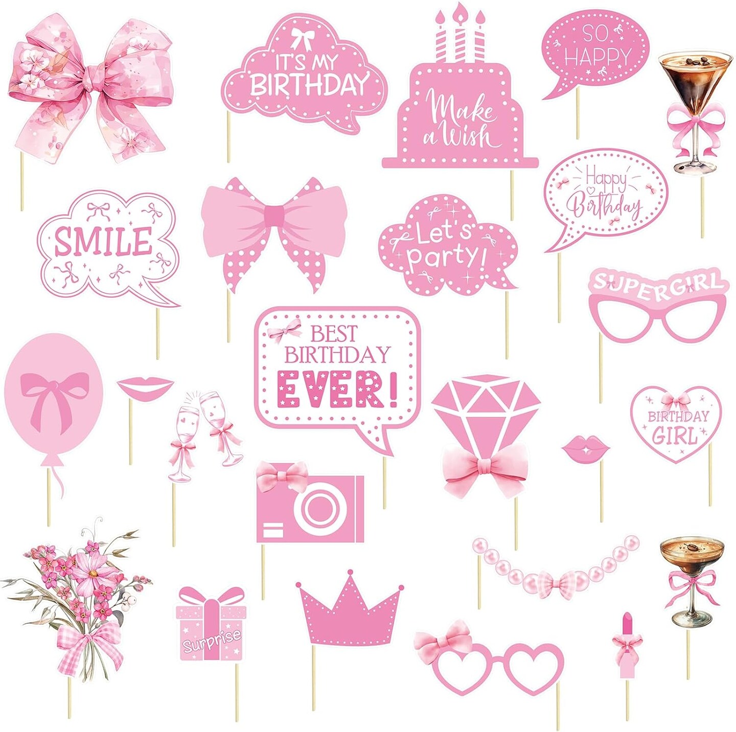 25PCS Pink Bow Photo Booth Props Kit – Coquette Birthday Party Decorations with Selfie Signs & Sticks for Women’s Birthday Celebration