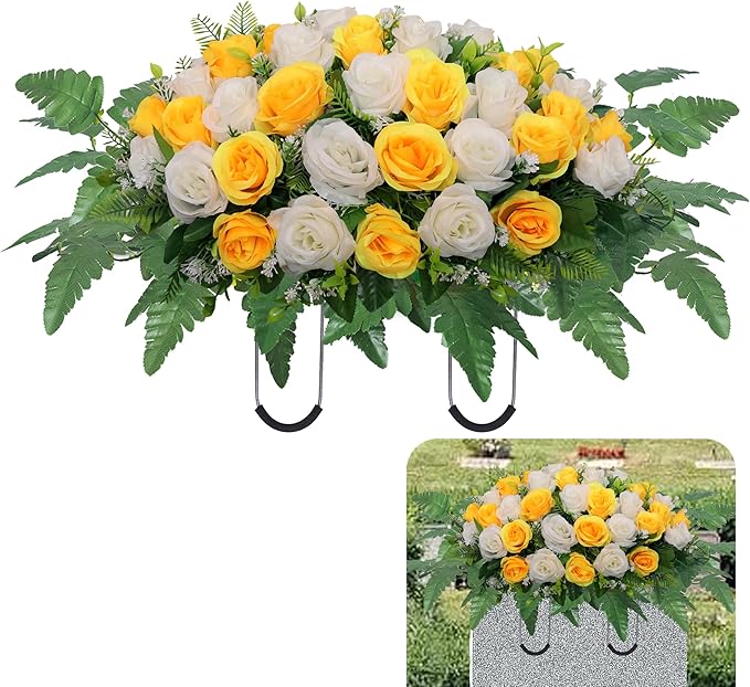 Cemetery Headstone Flower Saddle,Artificial Cemetery Flower Saddles for Graves,Artificial Rose Cemetery Memorial Flowers for Outdoor Tombstone Headstone Decorations (Yellow)