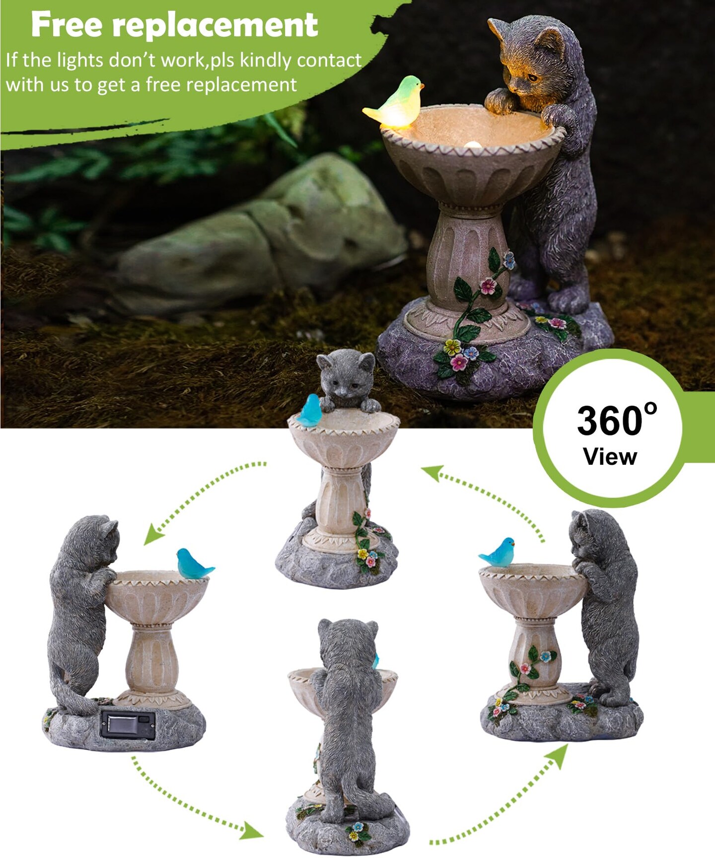 Solar Cat Statue for Garden Decor: IP44 Weatherproof Resin with Automatic Lighting - No Installation- Outdoor Yard Patio Balcony Art - Birthday Gifts for Bird Lovers Mom Grandma Women
