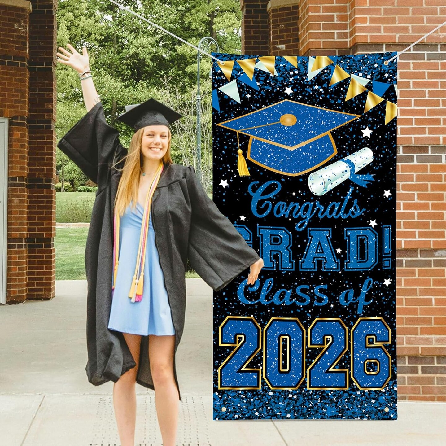 Graduation Party Decoration – Blue Congrats Grad Class of 2026 Large Door Banner, 73×36 Inch Front Porch Sign Backdrop for Indoor & Outdoor Graduation Party Decor