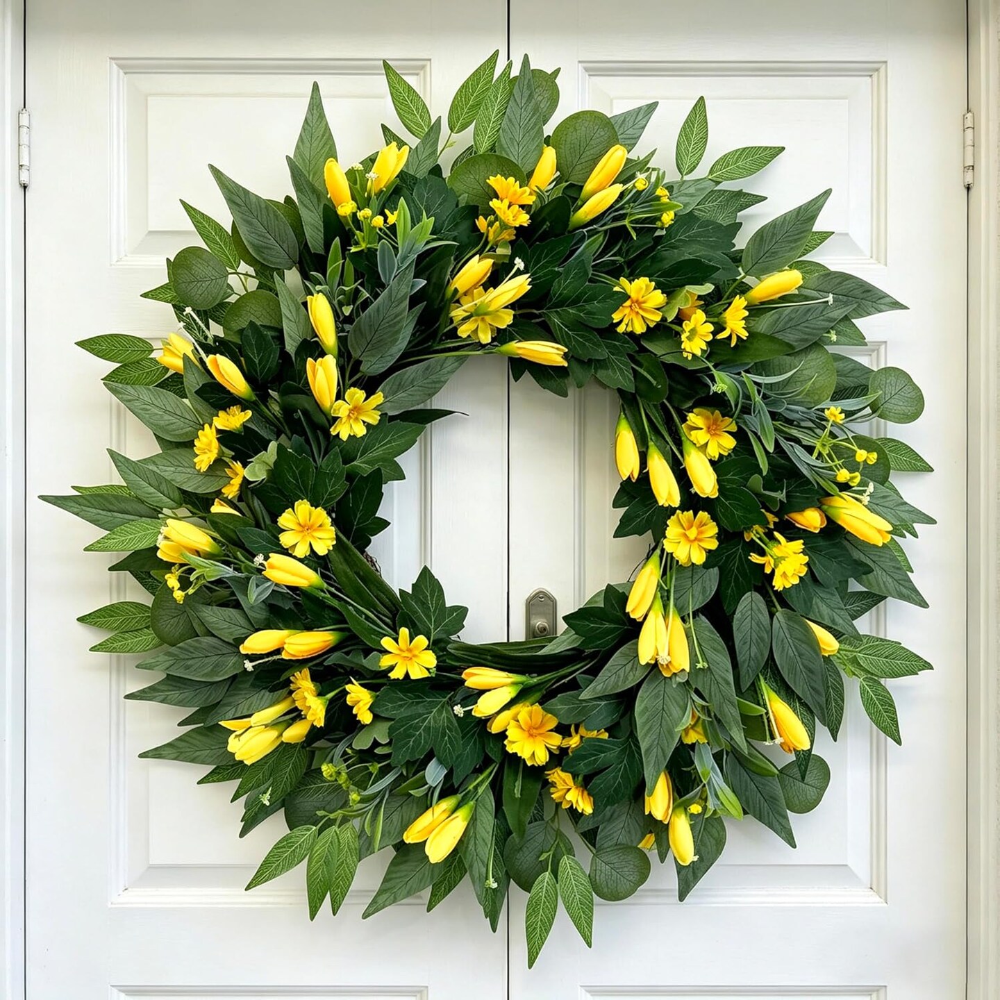 24" Large Yellow Tulip Spring Wreath – Artificial Silk Flower Door Wreath with Mixed Greenery for Front Door, Porch, Farmhouse & Outdoor Home Decor