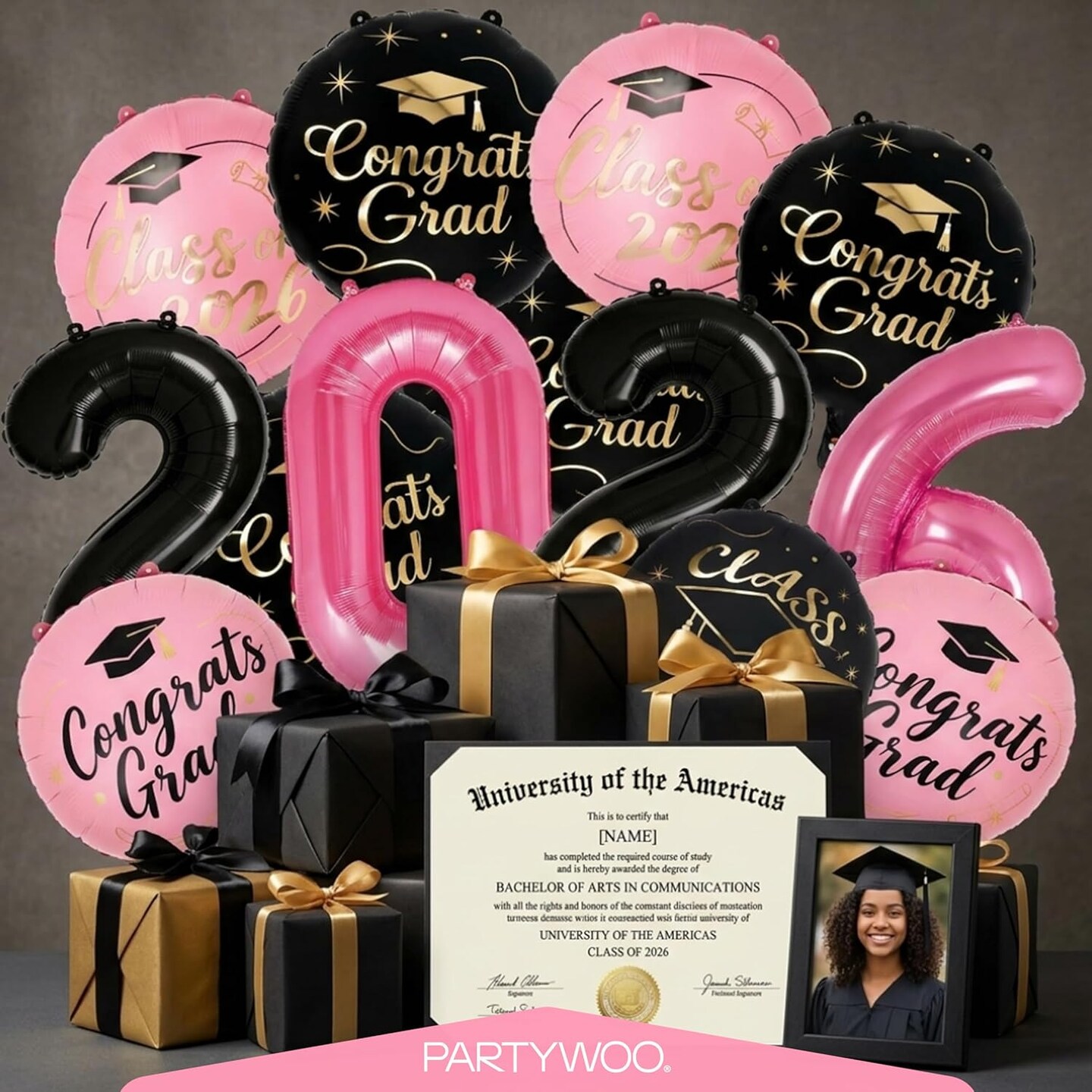 Graduation Party Balloons 2026 – Pink, Black & Gold 12PCS Balloon Set with 40-Inch “2026” Numbers & Congrats Grad Foil Balloons