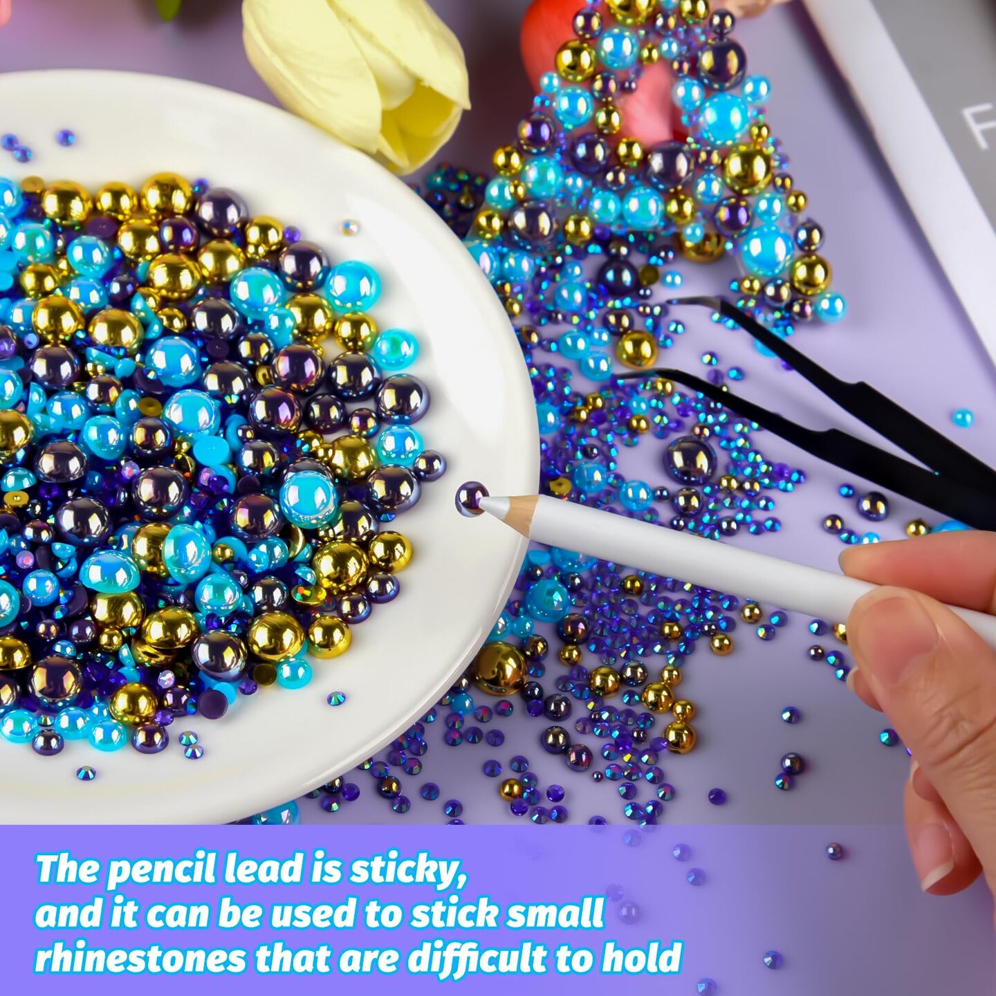 50g Mix Flatback Rhinestones Half Pearls for Crafts Mixed Size 3mm-10mm Flat Back Rhinestones for Crafts Flatback Pearls for Decorating Tumblers Mugs Nail Art Shoes (Blue Gold Series)