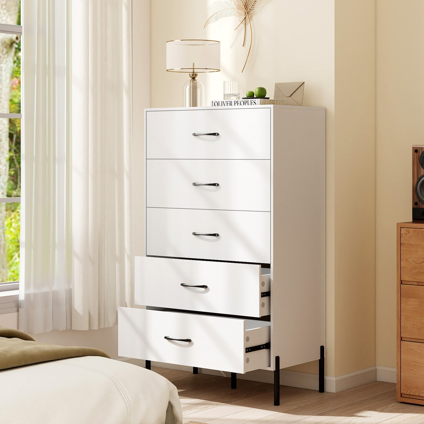 28 Inch Tall 5 Drawer Chest with Metal Legs, Spacious Storage Organizer Cabinet for Clothes, Books, Cosmetics for Bedroom and Living Room