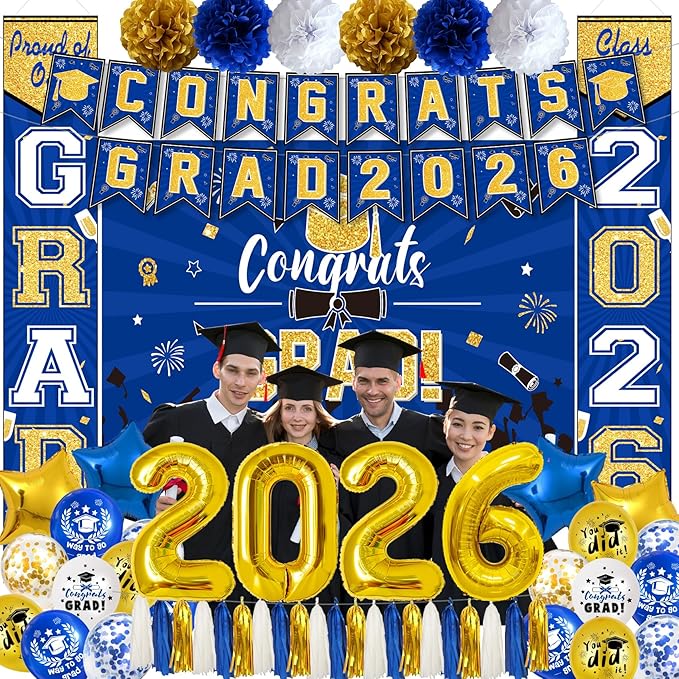 Class of 2026 Graduation Decorations - 61-Piece Blue and Gold Party Kit: Congrats Grad Backdrop, Porch Signs, Tassels & Large Balloon Set - College & High School Supplies