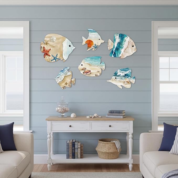6-Piece Wooden Fish Wall Decor - Vintage Coastal Art Set - Handcrafted Beach Theme Ornaments with Hooks for Lake House, Bathroom, Pool Area, & Garden - Indoor/Outdoor Rustic Wall Art