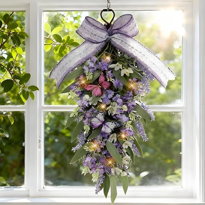 LED Teardrop Floral Wreath with Butterflies - 24" Pre-Lit Faux Lavender & Eucalyptus Hanging Swag - Farmhouse Purple Door Decor for Spring & Summer