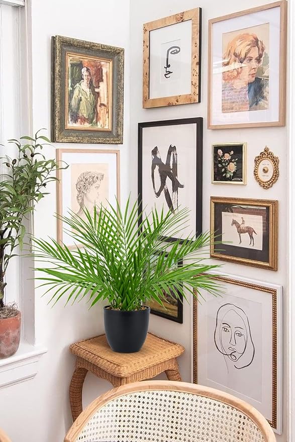 Fake Plant 15’’ Artificial Palm Plant in Matte Black Pot Realistic Faux Tropical Palm Tree Houseplant for Home Indoor Living Room Tabletop Bedroom Decorations