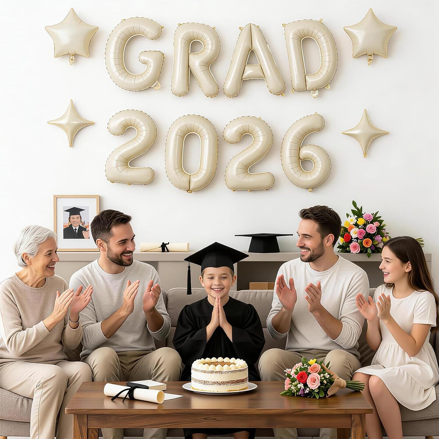 Graduation Party Balloons – 12-Piece White Sand “GRAD 2026” Foil Balloon Set with Star Accents for Class of 2026 Graduation Decorations & Photo Backdrop
