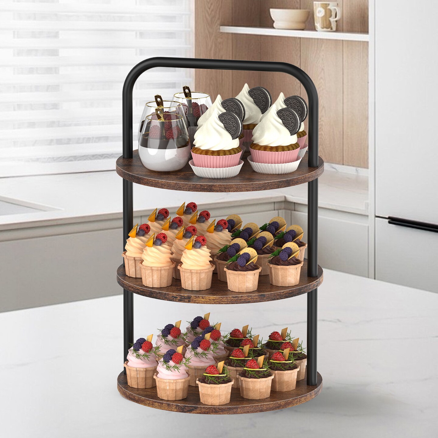 3-Tier Round Cupcake Stand with Handle, Rustic Wood and Metal Tiered Dessert Display for Parties & Events