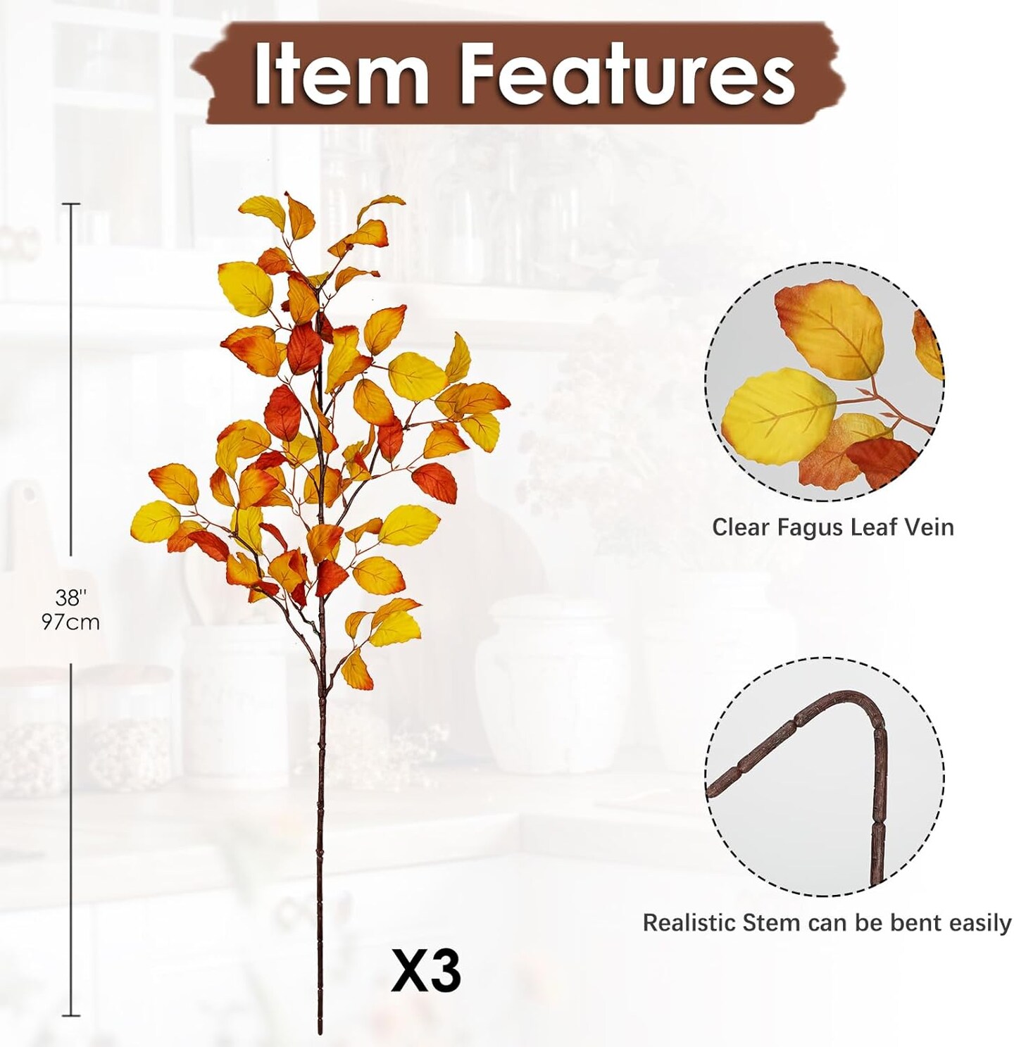 3PCS Artificial Fall Beech Leaf Branch Stems – 39" Gold Autumn Foliage Faux Fagus Sylvatica Silk Leaves for Floral Arrangements, Vase Centerpieces & Seasonal Home Decor