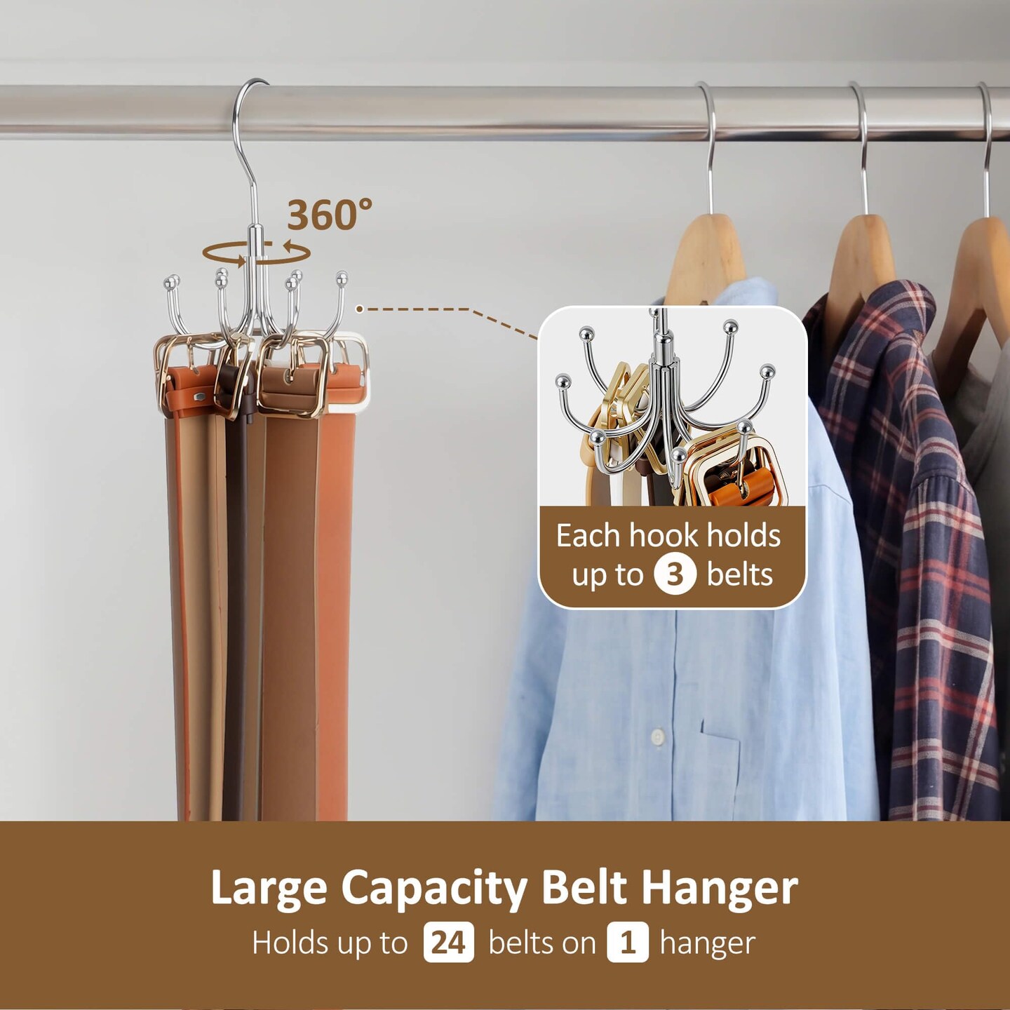 Belt Organizer for Closet, Heavy-Duty Rotating Belt Hanger Rack Holds up to 24 Belts, Hanging Space Saving Metal Belt Holder for Closet Storage, Silver