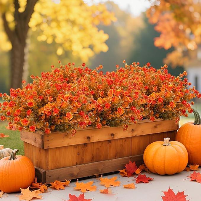 20 Bundles Artificial Fall Flowers for Outdoors Fall Thanksgiving Decorations-UV Resistant Fake Mums Faux Plant Plastic Flowers Gardens Porch Fireplace Home Autumn Decor(Brown Eucalyptus Flower)