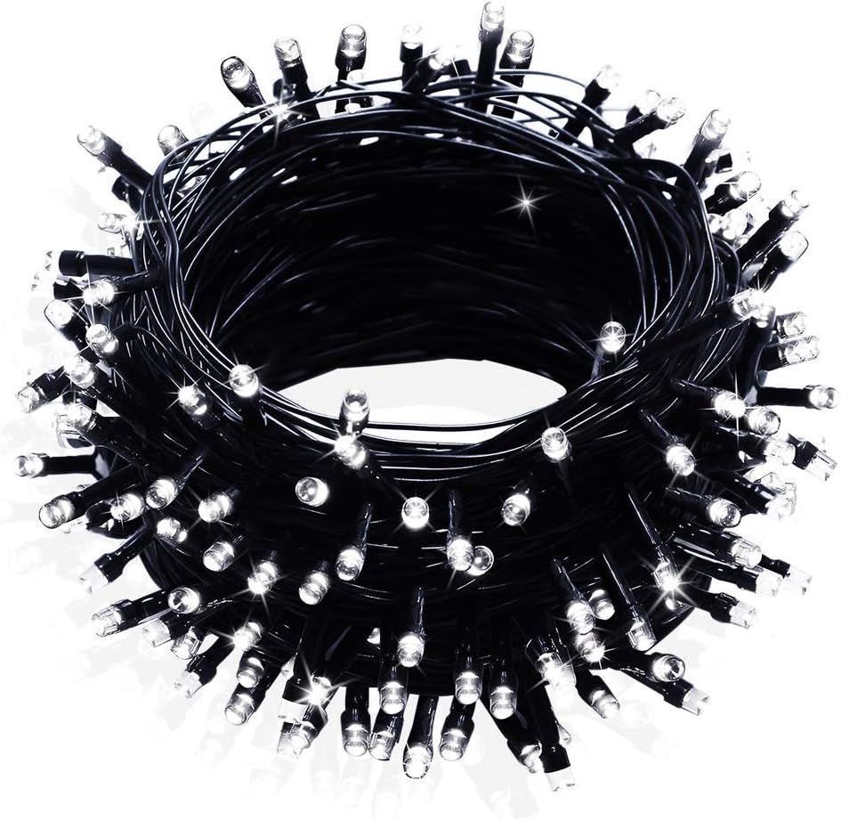 33ft Black Wire Christmas Lights - 100 LED Gothic String Lights with Memory Function & 8 Modes - Waterproof White LED Fairy Lights for Goth Home Decor, Christmas Trees, and Indoor Outdoor Parties