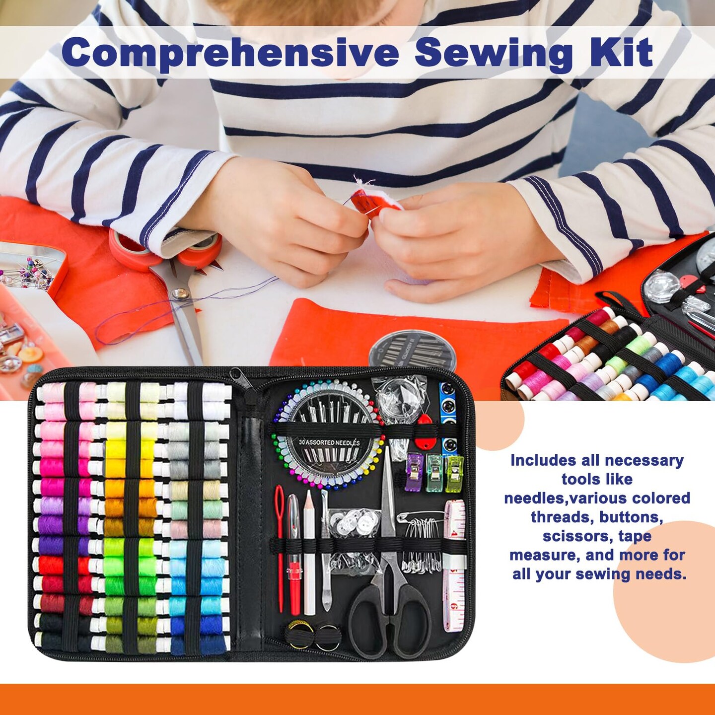 Sewing Kit with Black Case Portable Sewing Supplies for for Mom Grandma Women Men Teen Girls Boys Adults Beginner, Home Travel, Emergency, 42 Threads, Scissors, Needles, Measuring Tape and More